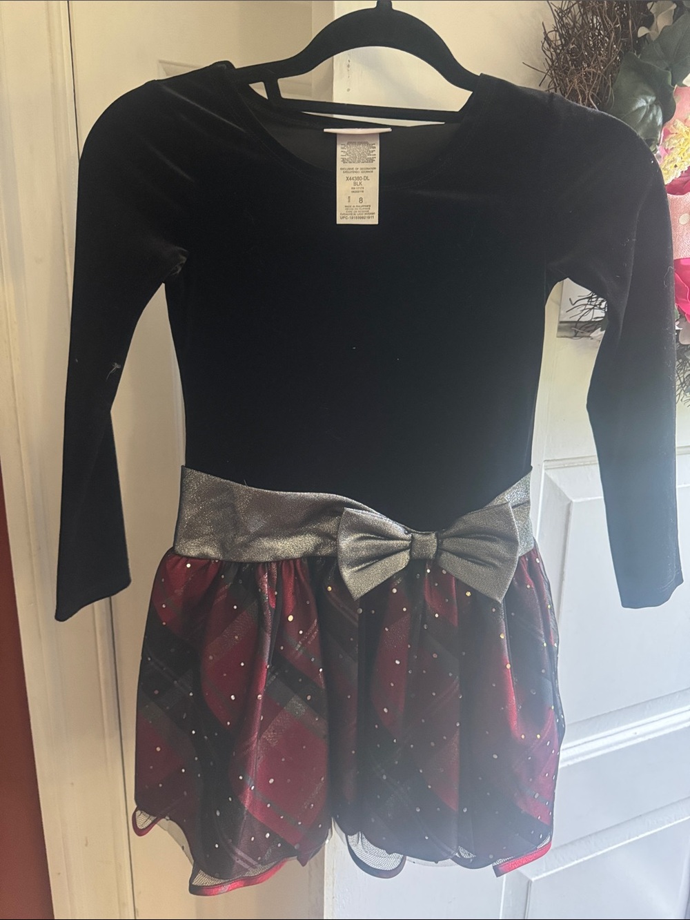 Bonnie Jean Black Velvet Top with Red Plaid Skirt and Silver Bow Dress